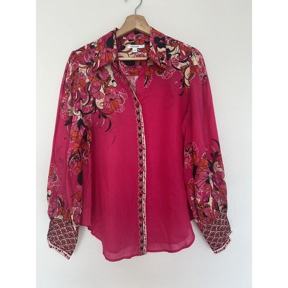 Chico's Tops - Chico's Pink Floral Blouse Sz M Long Sleeve Button Down Ruche Wrist Boho